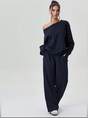 Off Shoulder Lounge Set Navy Sweatsuit with Wide Leg Pants
